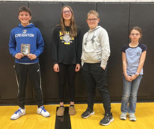 Class winners for grades 8-5, left to right: Braylon Kuncl (Overall winner), Yasmine Alarcon, Collin Donohoe, Keira Kearns. Brett Mauler