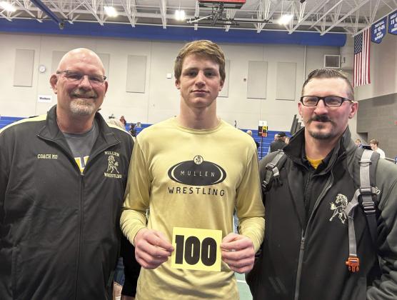 Junior Chase Gracey earned his 100th career win at Clarkson last Friday. He is pictured with coaches Russ Monette (left) and Bo Pettit (right). Nikki Gracey