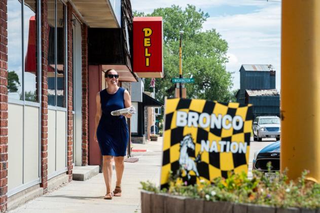 Gerri Peterson, owner and editor of the Hooker County Tribune, walks back to her office after walking down to the post office to get the mail on Monday, Aug. 11, 2025. Isaac Hale - Deseret News