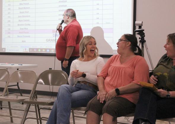 L-r: The final three of Becca Connealy, Paula Rice and Heidi Piccini react as Becca’s number is announced by MC Bill Boyer, making Paula the $5,000 winner. Gerri Peterson
