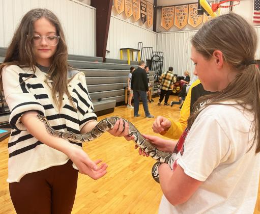 Ava Kvanvig and Breckyn Burney hold the ball python