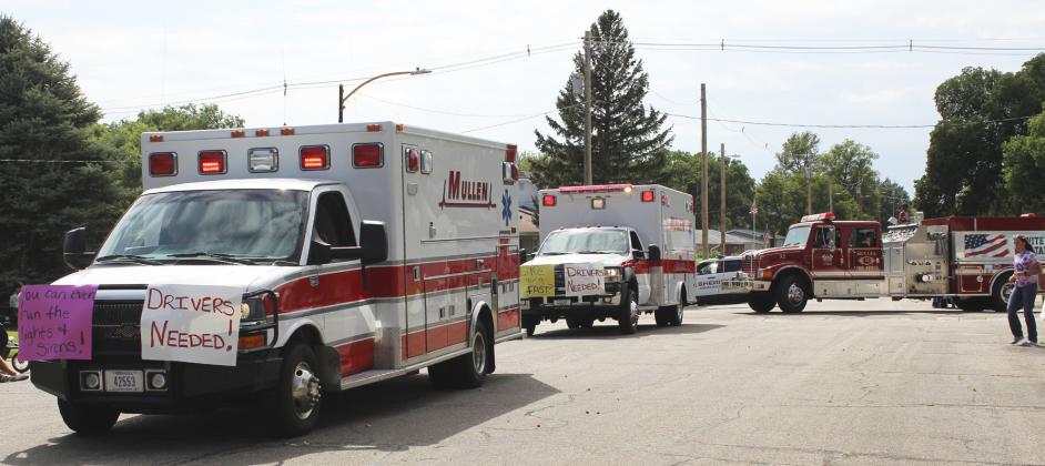 With lights and sirens going, the Mullen ambulances and fire trucks wrapped up the parade. As the ambulance signs say - Drivers needed! You can even run the lights and sirens! Like going fast? Contact Shelby Hardin at 308-546-0455 if you are interested.
