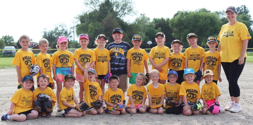 Mullen t-ball, back l-r: Brogan Seeley, Tate Seeley, Ryann Walz, Kinley Crisp, Brystol Call, Lane Brown, Clay Cribelli, Harper Myers, Violet Stichka, Finnegan Connealy, Aurora Polt, Coach Jessica Polt. Front: Libby Kraye, Chasin McIntosh, Martin Connealy, Jordyn Cheney, Johnny Phillips, Kyla Crisp, Arthur Polt, Aiden Stichka, Harper Barnes, Stevie Johnson. Not pictured: Addison Mundorf. Gerri Peterson