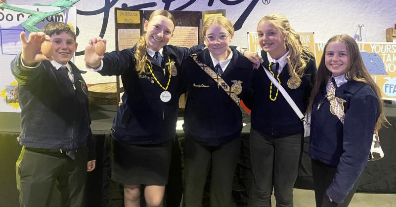 State FFA attendees pictured at their Hall of Chapter display about Nebraska egg production, l-r: Colin Connealy, Hope Miller, Kassidy Cheever, Kaisley Phipps, Audrabell Werth. Kelsey Phillips