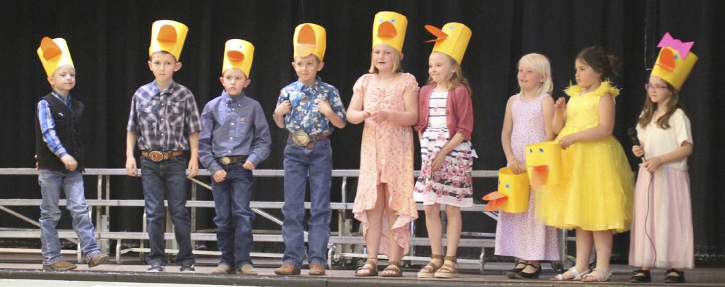 Five (Eight) Little Ducks Went Out to Play by the 1st graders, l-r: Killian Kearns, Marcus Lattin, Holt Morrison, Grady Phipps, Tatum Deibler, Sadie Hoyt, Daryl Deibler, Zandra Hebbert, Anna Hessin.