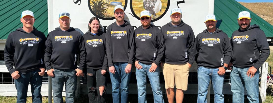 Sandhills Sharptail Shootout committee, l-r: Dane Peterson - Treasurer, Brandon Boyer - Secretary, Emily McIntosh, William Casey, Shane Carr, Wade Marsh - President, Ethan Kearns, JW Schmid.