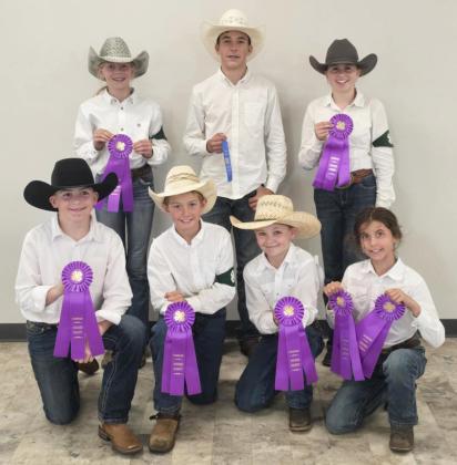 4-H Horse competitiors, back l-r: Kendall Phipps, Brandt Mundorf, Audrabell Werth. Front: Zach Hicks, Grady Phipps, Tripp Jewell, Finley Mundorf. Tawn Jewell