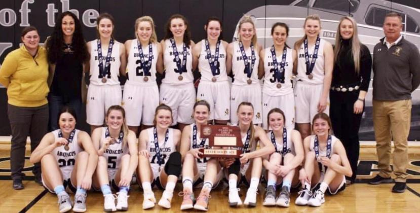 Class D2 Girls State Basketball 3rd place team, back l-r: Assistant Coach Trisha Vest, Assistant Coach Kay Dent, Whitney Jennings, Taylor Svoboda, Jordyn McDowell, Shelby Welsh, Alli Loughran, Callie Coble, Faith Miller, Assistant Coach Grayce Ginkens, Head Coach Clint Svoboda. Front: Michelle Brown, Hanna Marshall, Kylie Licking, Samantha Moore, Brooke McCully, Lindey Coble, Josey French. Sue Licking