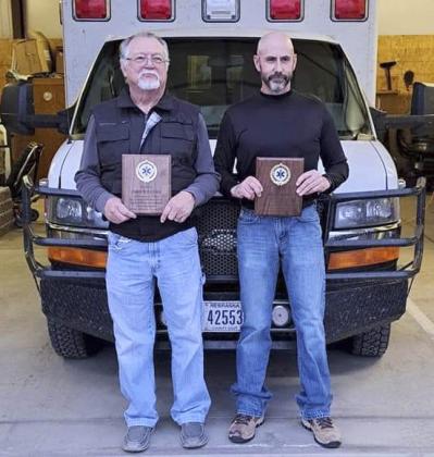 The Mullen Ambulance service recently thanked and said goodbye to two people on their squad. Dave Sullivan (left) retired after 33 years of service as an ambulance driver. Wynn Wiens was an EMT for 15 years and also served as the Hooker County Sheriff, was a volunteer fireman, and handled emergency management duties. He moved for a new job opportunity. courtesy photo