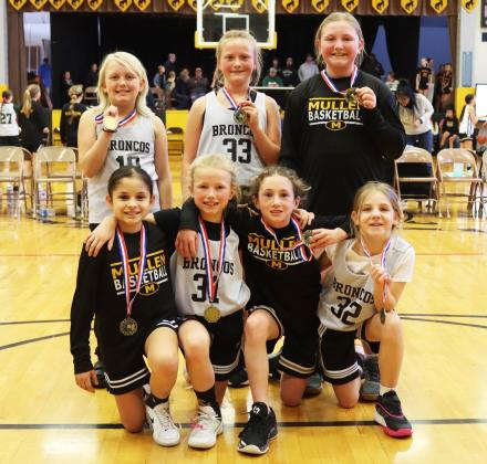 The Mullen 3rd/4th grade girls won their division of Hoops in the Hills, held at the Lariat on Saturday, Jan. 24. Pictured back, l-r: Daryl Deibler, Danielle Peterson, Tatum Deibler. Front: Abigail Gonzalez, Fallon Lee, Dailie Dent, Eve Ericksen.