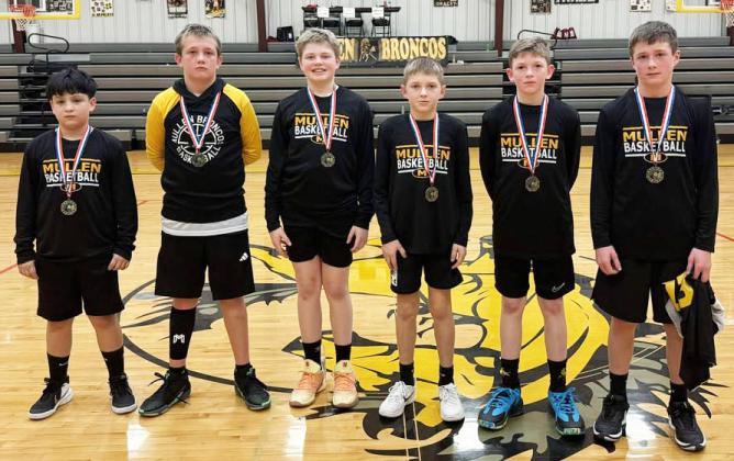 The 5th/6th grade tournament was then held in the afternoon at the Hilltop, with the Mullen 6th grade team winning that division in an exciting final free throw against Sandhills/Thedford. Pictured l-r: Lorenzo Gonzalez, Caleb Deibler, Jackson Newman, Kyler Marsh, Duke Miller, Cylas Dent.
