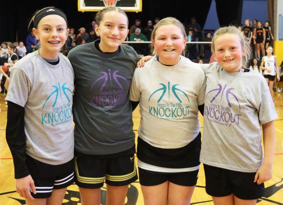It was a Mullen sweep for the girls Knockout that was held in-between tournaments at both gyms. Pictured l-r: 5th/6th grade champion Kendall Phipps, runner-up Parker Vinton, 3rd/4th grade champion Tatum Deibler, runnerup Danielle Peterson. Thank you to Janelle Jennings of 4J Designs-Custom Apparel for making and donating the knockout shirts for both the girls and boys!