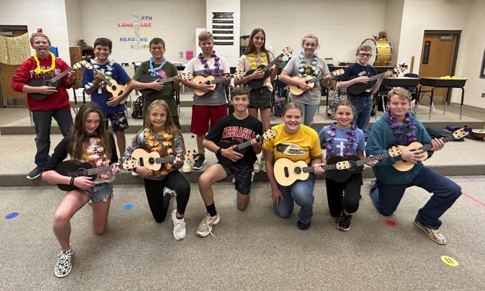 The first class to use the ukuleles will be the seventh graders, pictured back l-r: Cody Walker, Braylon Kuncl, Jack Coble, DJ Coetzee, Abby Gracey, Kassidy Cheever, Oakes Miller. Front: Breckyn Burney, Kaisley Phipps, Bo Pettit, Maci Walz, Audrabell Werth and Hayden Morrison. Mary Jo Walker