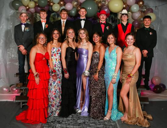 Mullen High School juniors who attended prom, back, l-r: Hunt er Brown, Brandon Hardin, Daniel Wright, Jackson Vinton, Jason Kraus, Curtis Wiese, Nicholas Gonzalez. Front: Riley Hegland, Ady Hampton, Harper Andersen, Georgia Wingebach, Ella Rice, Kalli Licking, Hope Miller.