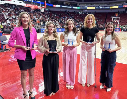 Also recognized with Peyton Paxton (left), was l-r: Ava McFarland of Bloomfield High School, Sofia Karges of Scotus Central Catholic High School, Madison Enstrom of Oakland-Craig High School and Ava Cramer of Cross County High School. NSAA