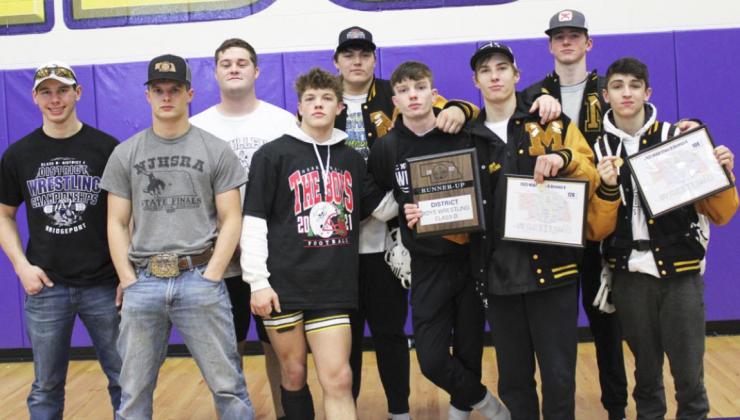 State Wrestling qualifers, l-r: Sean Simonson (170), Spencer DeNaeyer (152), Tel Kvanvig (220), Andrew Harvey (160), Isaac Welch (285), Kyle Durfee (132), Eli Paxton (120), Chase Gracey (145), Jeffery Forsen (106). Kris Forsen