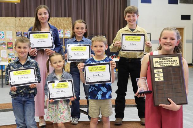 Students of the Year, back l-r: Lillian Ericksen - 5th, Bryndal Greeley - 3rd, Eli Garza - 4th. Front: Brogan Seeley - 1st, Stevie Johnson - kindergarten, Jaxson Barnes - 2nd, Ella Walz - Mullen Elementary Student of the Year. Gerri Peterson