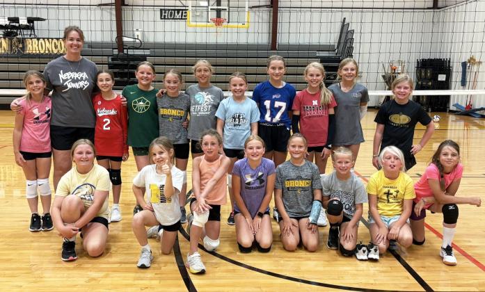 Grades 3-6 had their camp in the morning and are pictured above, l-r: Abbigail Mundorf, Gina Chambers, Lillian Ericksen (earned the camp Hustle Award), Ella Walz, Avery Vinton, Emri Dent, Sadie Hoyt, Parker Vinton, Ayden Lee, Kendall Phipps, Marki Finney. Front: Tatum Deibler, Eve Ericksen, Dailie Dent, Elle Gracey, Danielle Peterson, Fallon Lee, Daryl Deibler, Keira Kearns.