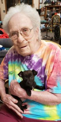 Right: Virginia Wright with Boomer LeRoy, the puppy of Janet Victory, CNA. We love our animals!