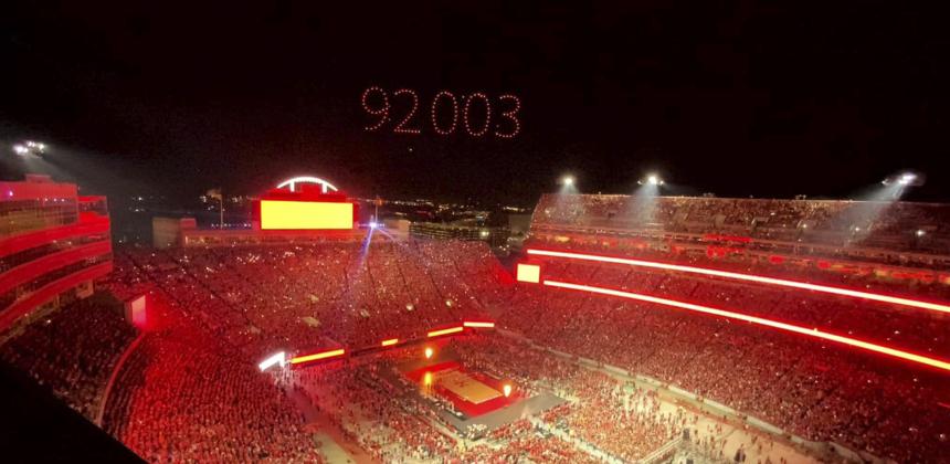 The record-breaking attendance number at a women’s volleyball game illuminates the sky above Memorial Stadium in Lincoln on Aug. 30. Fantasy Drone Shows didn’t know the final attendance number until an hour before launch, but “luckily, programming just a number is pretty easy,” said Scott Buss, the lead designer at the company. courtesy of Don Wisnieski