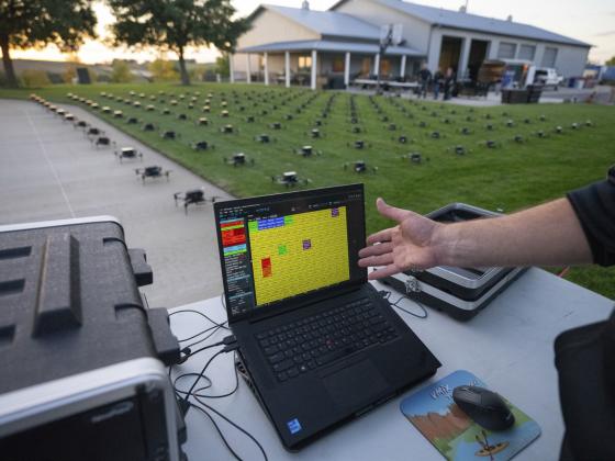 Operations manager Brian Anderson monitors a digital readout to ensure that all devices are callibrated to a GPS signal ahead of a practice show in Norfolk, Neb., Sunday, Sept. 24, 2023. Naomi Delkamiller