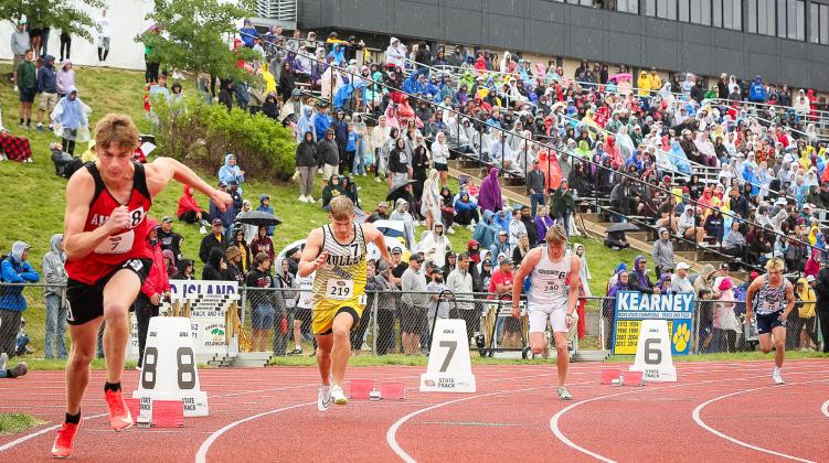 Ponchos were out in full force at the Class D State Track meet last Friday, May 23 in Omaha, as seen at the start of the Alex Werner’s 400. Megan Andersen