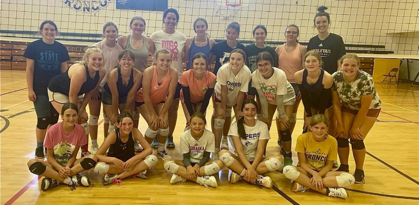 7-12 graders attending volleyball camp are pictured back, l-r: Orabella Heaton, Erika Massey, Hayley Donohoe, Gina Chambers, Sydnee Cheever, Medora DeNaeyer, Allie Boyer, Toni Massey, Nyah Chambers. Middle: Samantha Cheever, Malia Oltmer, Lauren Schoonveld, Kalli Licking, Izzy Hoyt, Ella Rice, Lola Wingebach, Maci Walz. Front: Abby Gracey, Breckyn Burney, Kaisley Phipps, Jenna Donohoe, Chloe Newman. Not pictured: Emerson Thorberg, Kaylin Kliewer, Fayth Brown, Kassidy Cheever.
