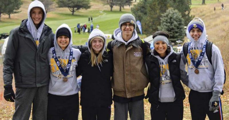 The Mullen cross country teams at State last week in Kearney, l-r: Alex Moore, Callie Coble, Josey French, Hayden Jennings, Coach Janie Kuncl, Trevor Kuncl. Bri Moore