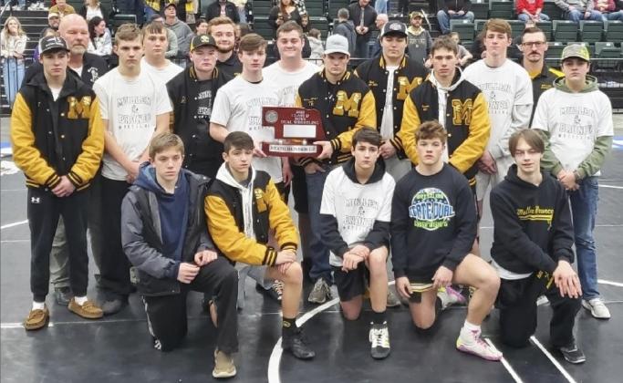 NSAA State Dual Wrestling Runners-up, standing l-r: Eli Paxton, Head Coach Russ Monette, James Kessler, Student Manager Tate Kvanvig, Owen Thorberg, Assistant Coach Ty Kvanvig, Kyle Durfee, Tel Kvanvig, Spencer DeNaeyer, Isaac Welch, Sean Simonson, Chase Gracey, Assistant Coach Bo Pettit, Student Manager Jaylon Forsen. Front: Carter Haesler, Jeffery Forsen, Jarren Forsen, Andrew Harvey, Jacob Wingebach. courtesy photo