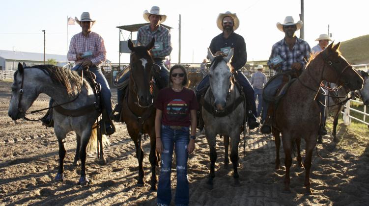 Calf Creek Feeds team, pictured horseback l-r: Tim Vivion, Jay Holthus, Brett Phipps and Ty Kenner, with Kalli Licking who handed out the prizes. Sue Licking