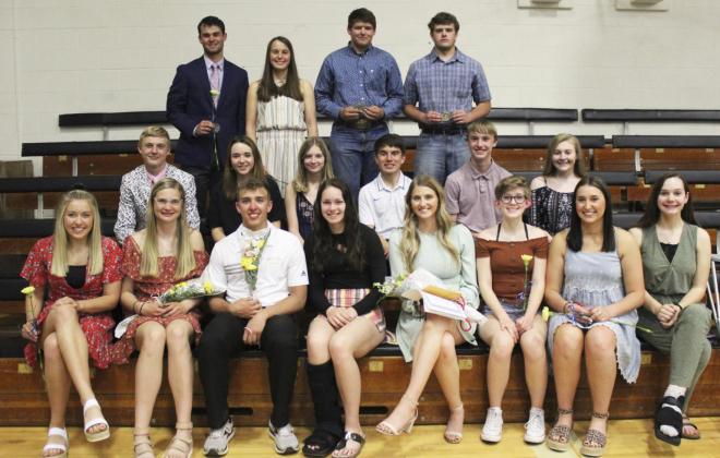 Outstanding Students, back l-r: Samuel Coble, Callie Coble, Deacon DeNaeyer, Adam Wiens. Middle: Clayton Moore, Izabella Brown, Erika Massey, Trevor Kuncl, Alex Moore, Samantha Cheever. Front: Taylor Svoboda, Samantha Moore, Brendon Walker, Shelby Welsh, Hanna Marshall, Hailey Phipps, Michelle Brown, Ashlyn Simonson. Not pictured: Tel Kvanvig, Jordyn McDowell, Olivia Haesler, Carter Haesler. Gerri Peterson