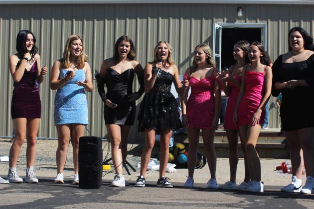Juinior girls l-r: Fayth Brown, Keragan Welch, Medora DeNaeyer, Peyton Paxton, Izzy Hoyt, Allie Boyer, Maggie Haesler and Mia Flores-Green during the class cheer competition.