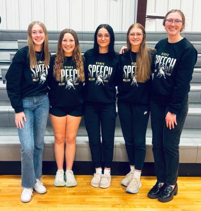 State Speech qualifiers are pictured last week at their send off at the Hilltop Gym, l-r: Sydnee Cheever (Entertainment), Hope Miller (POI), Fayth Brown and Lola Wingebach (Duet) and Coach Kyler Horn. None of the Broncos made finals at State Speech in Kearney on Friday, March 28 but Kyler said, “I am very proud of the students for their constant hard work and dedication to improvement!” Carolee Brown
