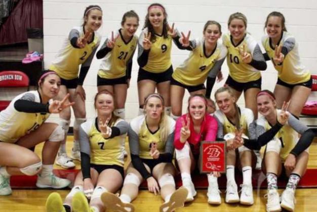 For the second year in a row, the Lady Broncos placed 2nd at the Broken Bow Quad. Pictured back, l-r: Whitney Jennings, Erika Massey, Jordyn McDowell, Alli Loughran, Taylor Svoboda, Shelby Welsh. Front: Michelle Brown, Kylie Kicking, Hanna Marshall, Lindey Coble, Brooke McCully, Samantha Moore. Sue Licking