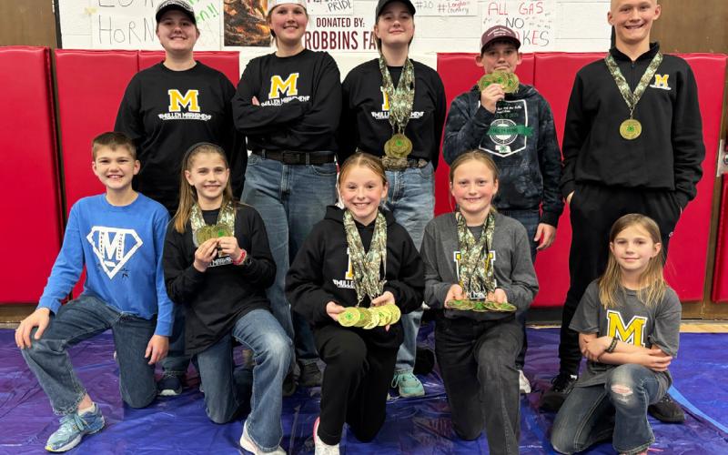 Mullen Marksmen competing at state bb gun and air rifle are pictured back, l-r: Jessa O’Brien, Hannah O’Brien, Adelyn O’Brien, Colin Connealy, Teal Peterson. Front: Ransom O’Brien, Rainne O’Brien, Sadie Hoyt, Danielle Peterson, Aleah O’Brien. Not pictured: Jaxson and Eli Barnes, Holt Morrison, Zach Hicks, Duke, Oakes and Hope Miller. Gerri Peterson