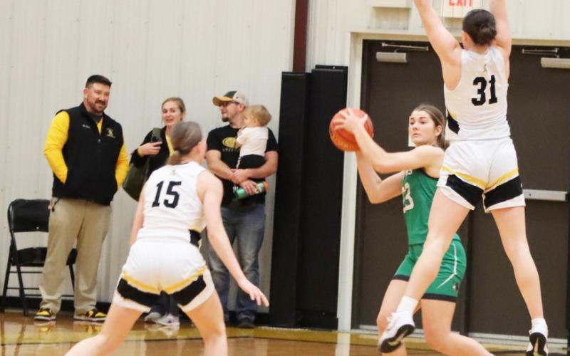 Brynne McCully and Jenna Donohoe (#31) apply pressure during the press last Friday night in the District Final. Sue Licking