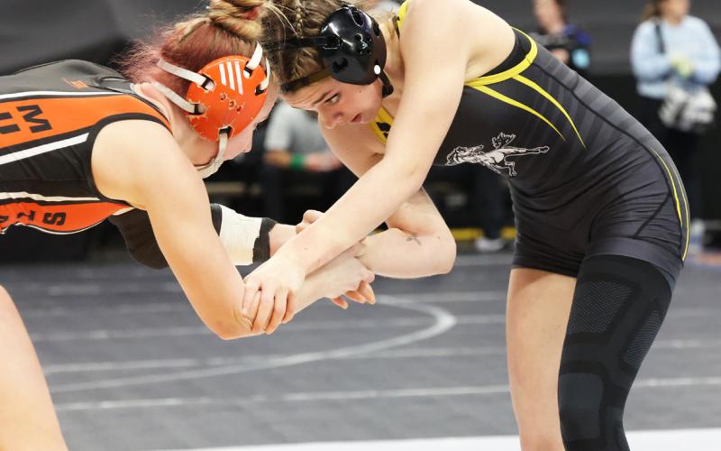 Georgia Wingebach competing in her first State Wrestling match. Amy Johnson/Springview Herald