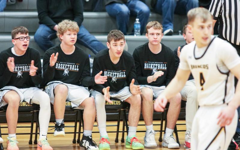 The Bronco bench started the “defense” cheer multiple times during the Cody-Kilgore game last Thursday, with the crowd eagerly joining in. Pictured l-r: Jack Coble, DJ Coetzee, Hunter Brown, Hayden Morrison. Carolee Brown Photography
