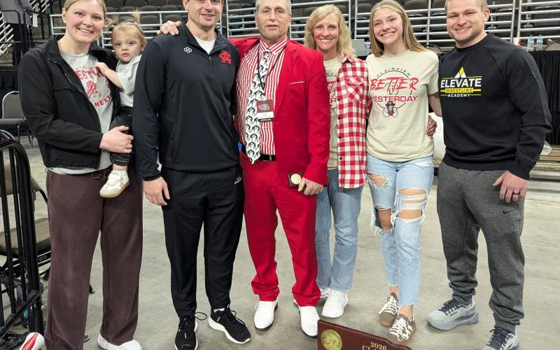 The Boyer family celebrates two team state wrestling championships, l-r: Mackenzie, Blair and Teran Boyer, Dean, Christi and Teya Boyer and Tyan Boyer. Son Trey Boyer not pictured. courtesy photo