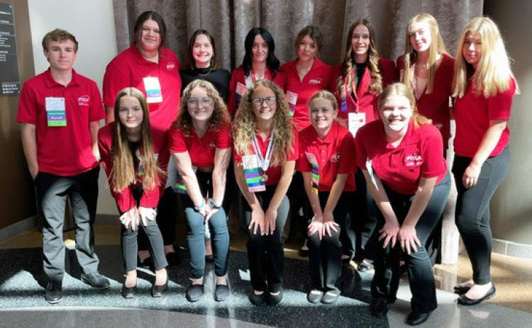 Mullen FCCLA members at state, back l-r: Kyle Finney, Mia Flores-Green, Ashlyn Simonson, Fayth Brown, Medora DeNaeyer, Jadyn Andersen, Sydnee Cheever, Keragan Welch. Front: Maggie Haesler, Corynn Corbin, Riley Hegland, Audrabell Werth, Mia Walz. courtesy photos