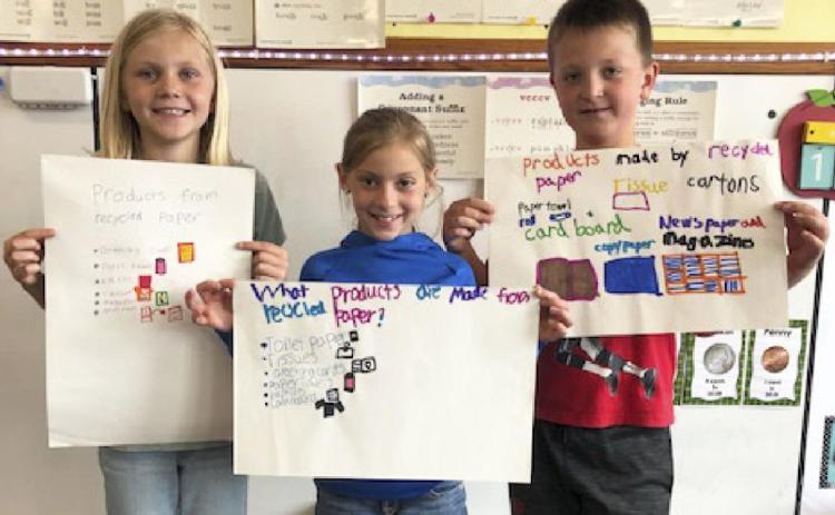 Mullen 2nd, 3rd and 5th grades competed in the Goodwill Club of Family & Community Education’s poster and essay contests. The first place of each class goes on to the state competition. The second grade’s poster theme was, “What Products Are Made From Recycled Paper?” Pictured l-r: 1st place Hadley Marsh, 2nd place Olivia Cox, 3rd place Hayden Deibler. Emily Brown