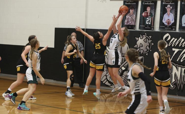 Mercedes Garner on defense in Thedford last Tuesday. Megan Andersen