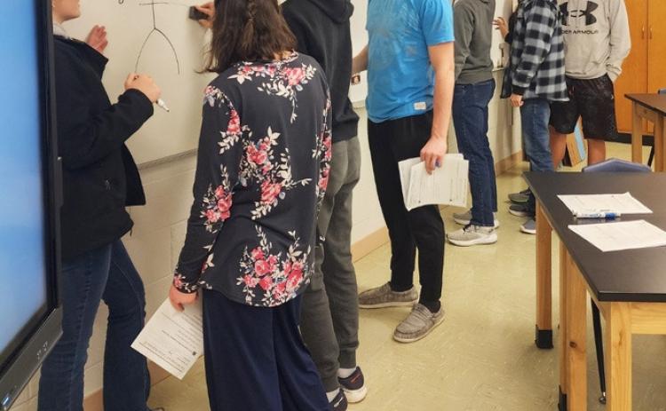 In Biology the MHS sophomores have been learning about how cellular respiration works in the body and cells. They created a group model to show what they have learned in the unit. Pictured l-r: Hayley Donohoe, Orabella Heaton, Cayden Hampton, Tate Kvanvig, Alex Werner, Jaylon Forsen, Jacob Walker. Tawnee Jewell