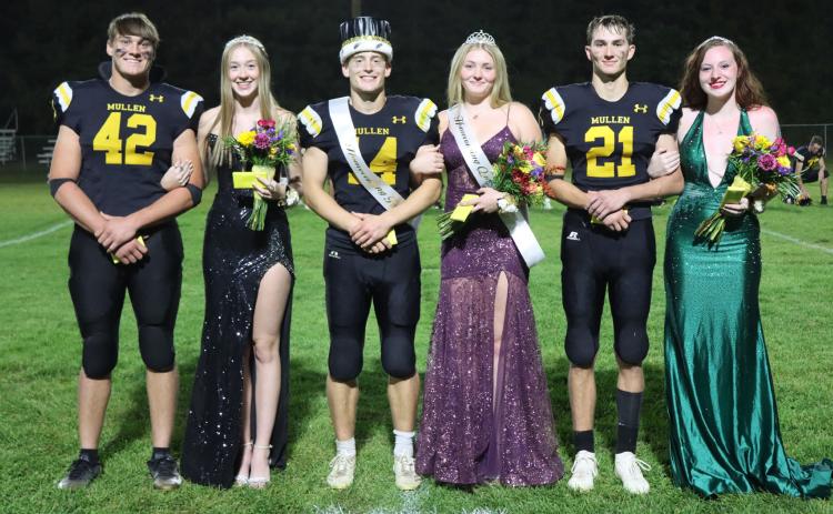 Mullen High School’s Homecoming was held last week, with the theme of Game Night. Homecoming royalty was announced following the football game against Hyannis last Friday, Sept. 26. Pictured l-r: 1st attendants Tate Kvanvig and Sydnee Cheever, King and Queen Alex Werner and Hayley Donohoe, 2nd attendants Cayden Hampton and Trinity Marks.