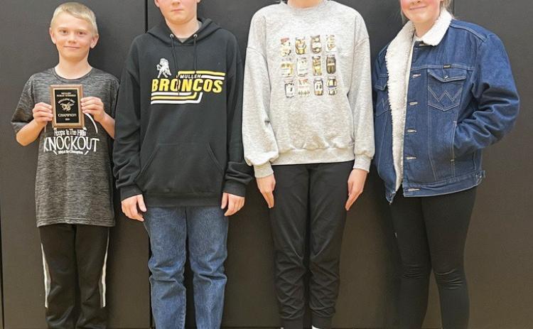 Spelling Bee class champions, l-r: Weston Ourada (overall champion), Justin Kraus, Chloe Newman, Kassidy Cheever. Mike Kvanvig