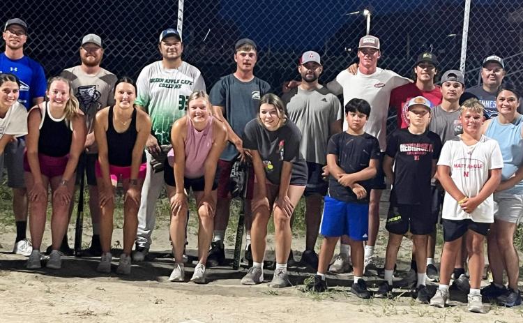 This group gathered at the Mullen baseball field to play slow pitch softball on Sunday, July 27 pictured back, l-r: Brandon Cooley, Lane Edis, Dusty Schwartz, Lance Moore, Joe Mundorf, Chase Gracey, Jarren Forsen, Nicholas Gonzalez, Wade Marsh, Lorena Gonzalez, Shelby Hardin. Front: Emily McIntosh, Calli Edis, Samantha Janda, Harlee Fischer, Kylie Dierks, Medora DeNaeyer, Lorenzo Gonzalez, Kyler Marsh, Carson Hegland. Not pictured: Jaci Hettinger and Malia Oltmer. Barb McIntosh