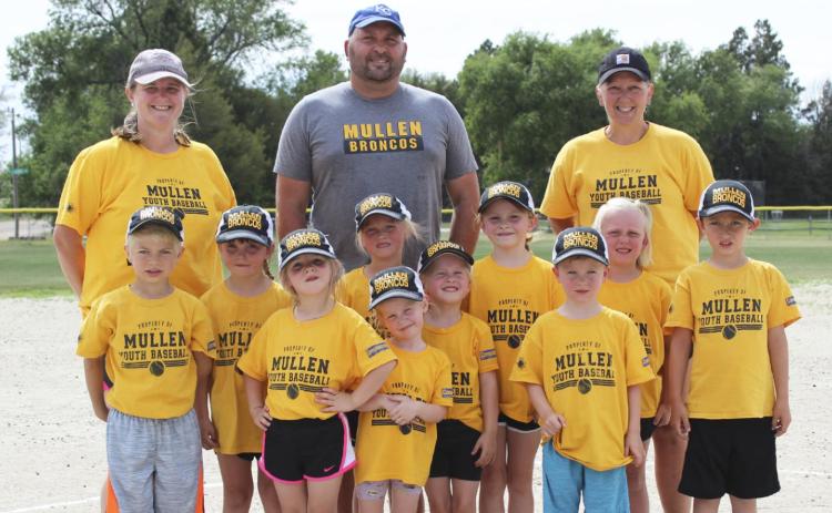 T-ball team, l-r: Killian Kearns, Aislynn Connealy, Eve Ericksen, Danielle Peterson, Aurora Polt, Charlotte Raudsepp, Sadie Hoyt, Tate Phillips, Daryl Deibler, Marcus Lattin. Coaches, l-r: Jessica Polt, Casey Phillips, Justa Deibler. Not pictured: Finnegan Connealy, Holt Morrison, Merick Lattin. Gerri Peterson