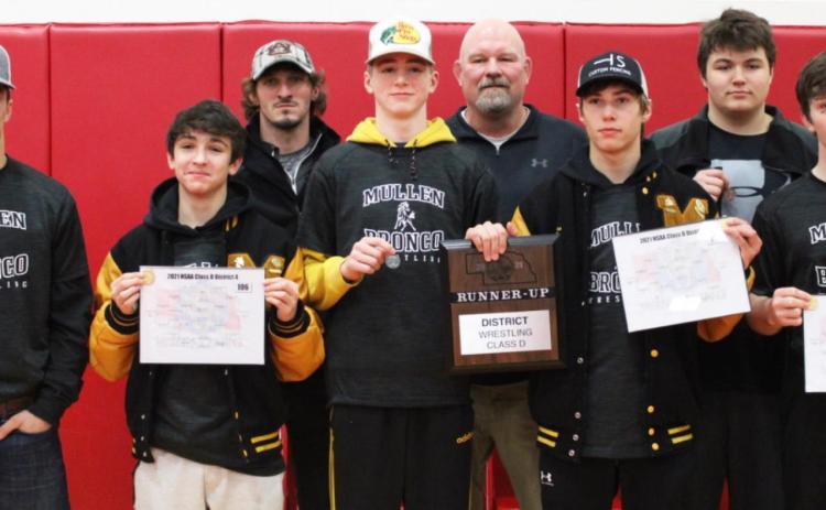 State Wrestling qualifiers, l-r: Spencer DeNaeyer, Jeffery Forsen, Coach Bo Pettit, Chase Gracey, Coach Russ Monette, Eli Paxton, Isaac Welch, Kyle Durfee. Kris Forsen