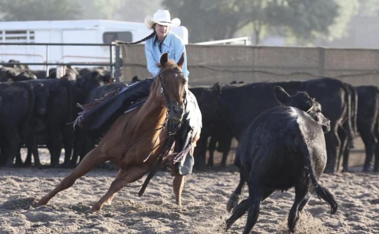 Whitney Jennings competing in the girls cutting at State Finals. She finished 4th in the year end standings to compete at Nationals next month in Lincoln. Jill Saults