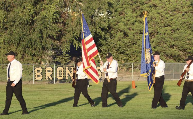At the Mullen vs. Sutherland football game last Friday evening, Sept. 11, Mullen’s American Legion Post #109 color guard presented the colors for the national anthem, with a moment of silence remembering 9/11 as they marched off the field. Pictured l-r: Todd Peters, Don Younkin, John Simonson, Ted Bonesteel and Daryl Starr. More photos can be found on the Hooker County Tribune’s Facebook page. Gerri Peterson